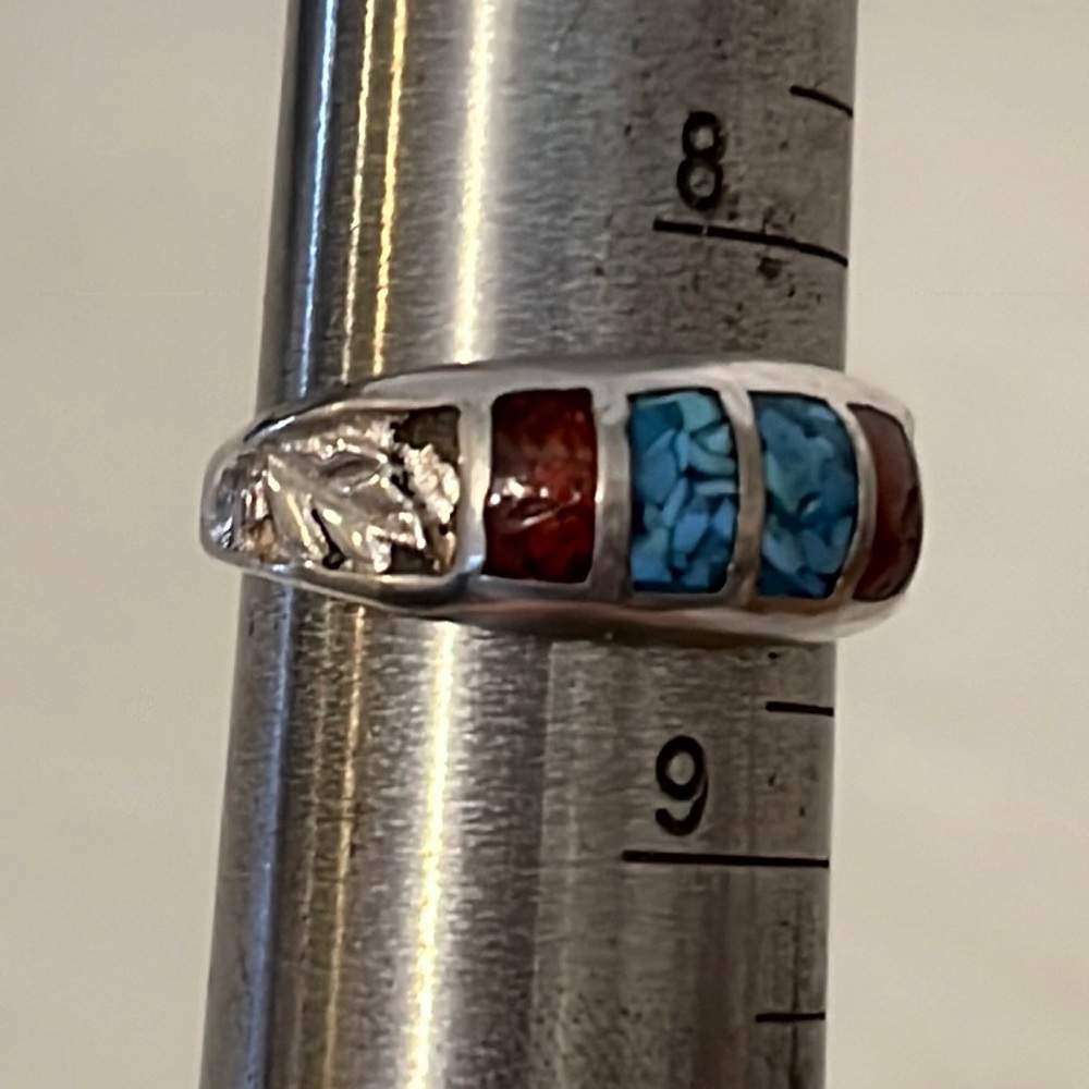 Unmarked Native American silver turquoise coral feather ring size 8.5